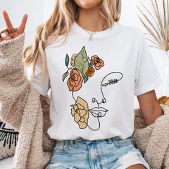 White Abstract Floral Face Line Art T-Shirt