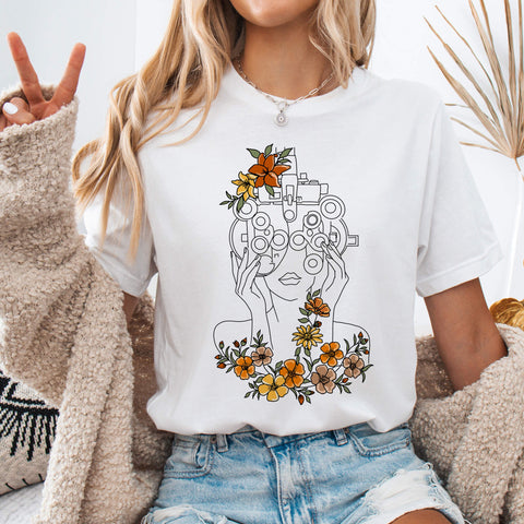 White Floral Phoropter Line Art T-Shirt