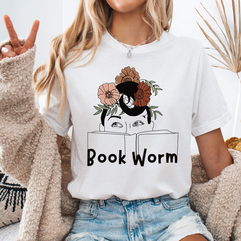 White Floral Book Worm Line Art T-Shirt