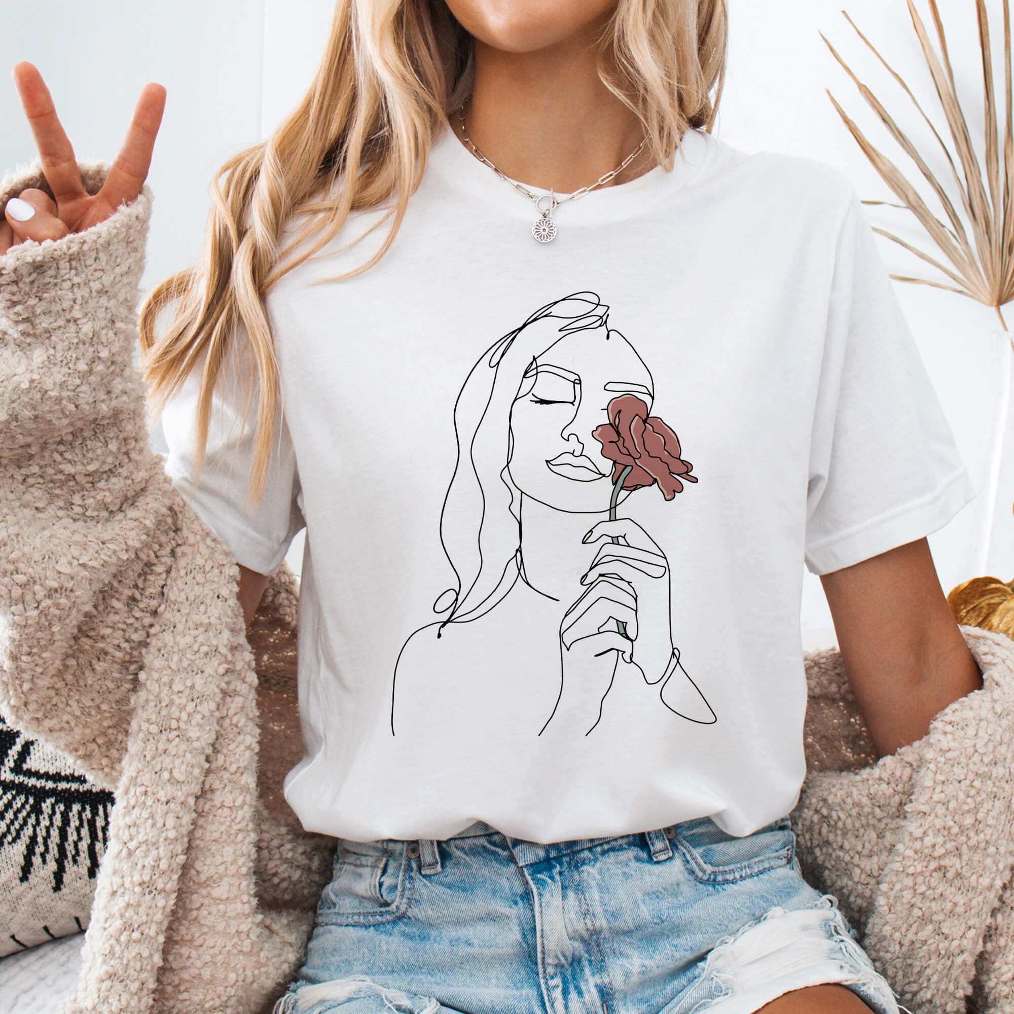 White Elegant Woman with Rose Line Art T-Shirt