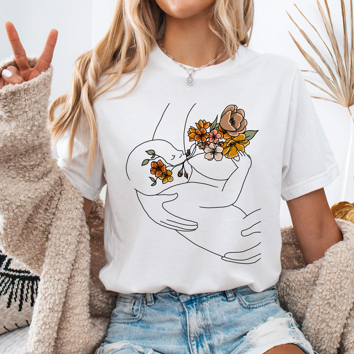 White Botanical Nursing Mom & Baby Tee