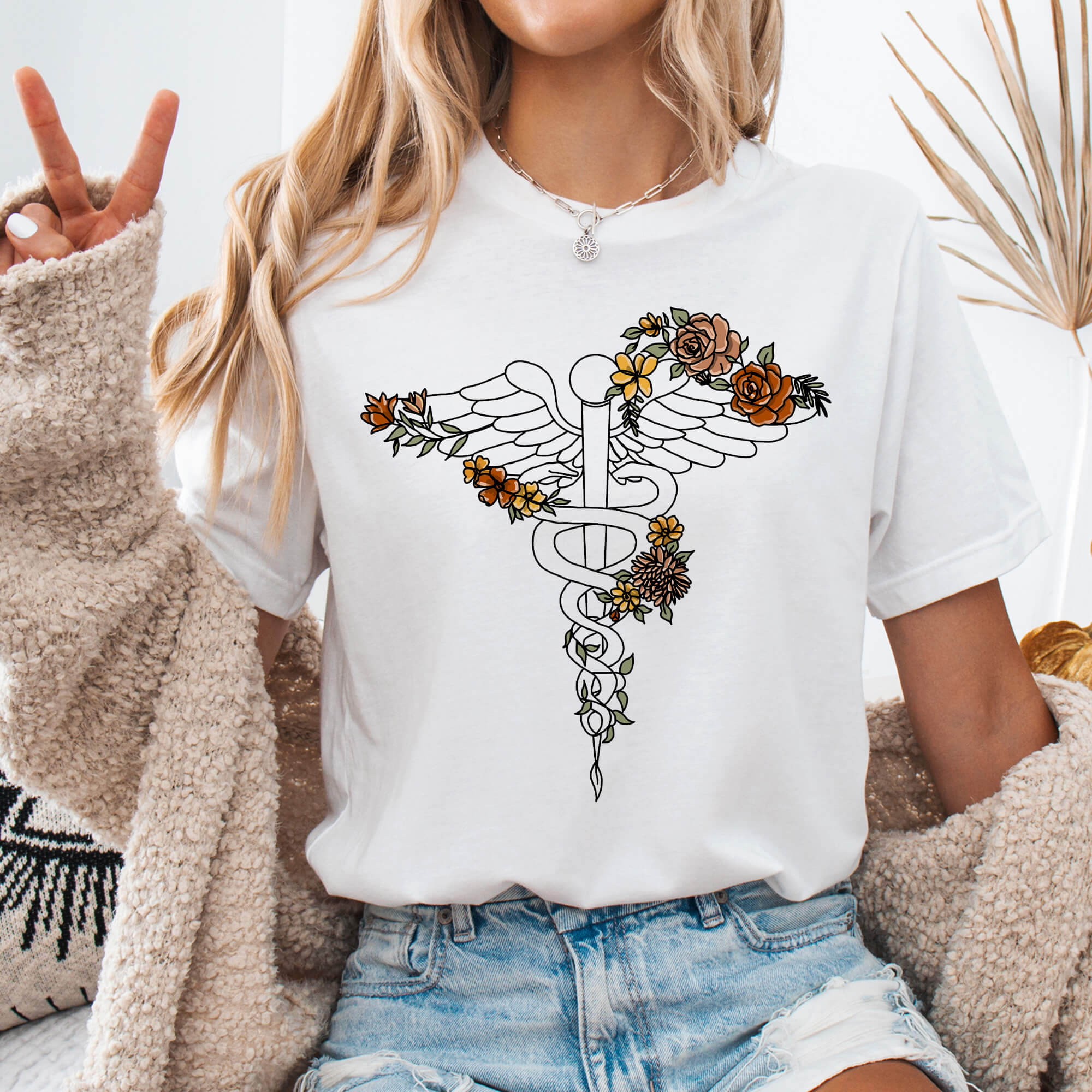 White Floral Caduceus Medical Symbol T-Shirt