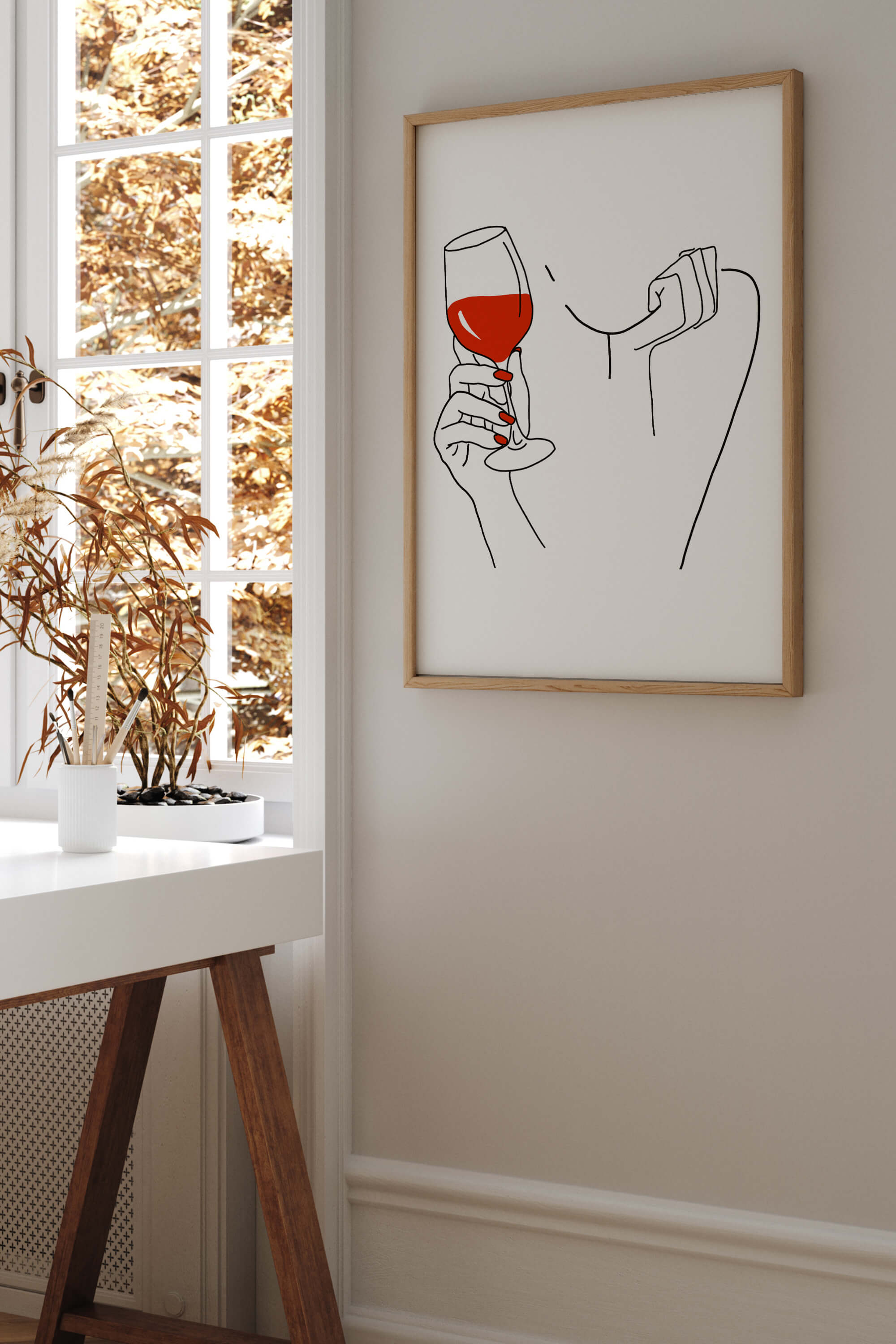 Artistic poster of a woman's silhouette with a wine glass, capturing the essence of bar cart wall art.