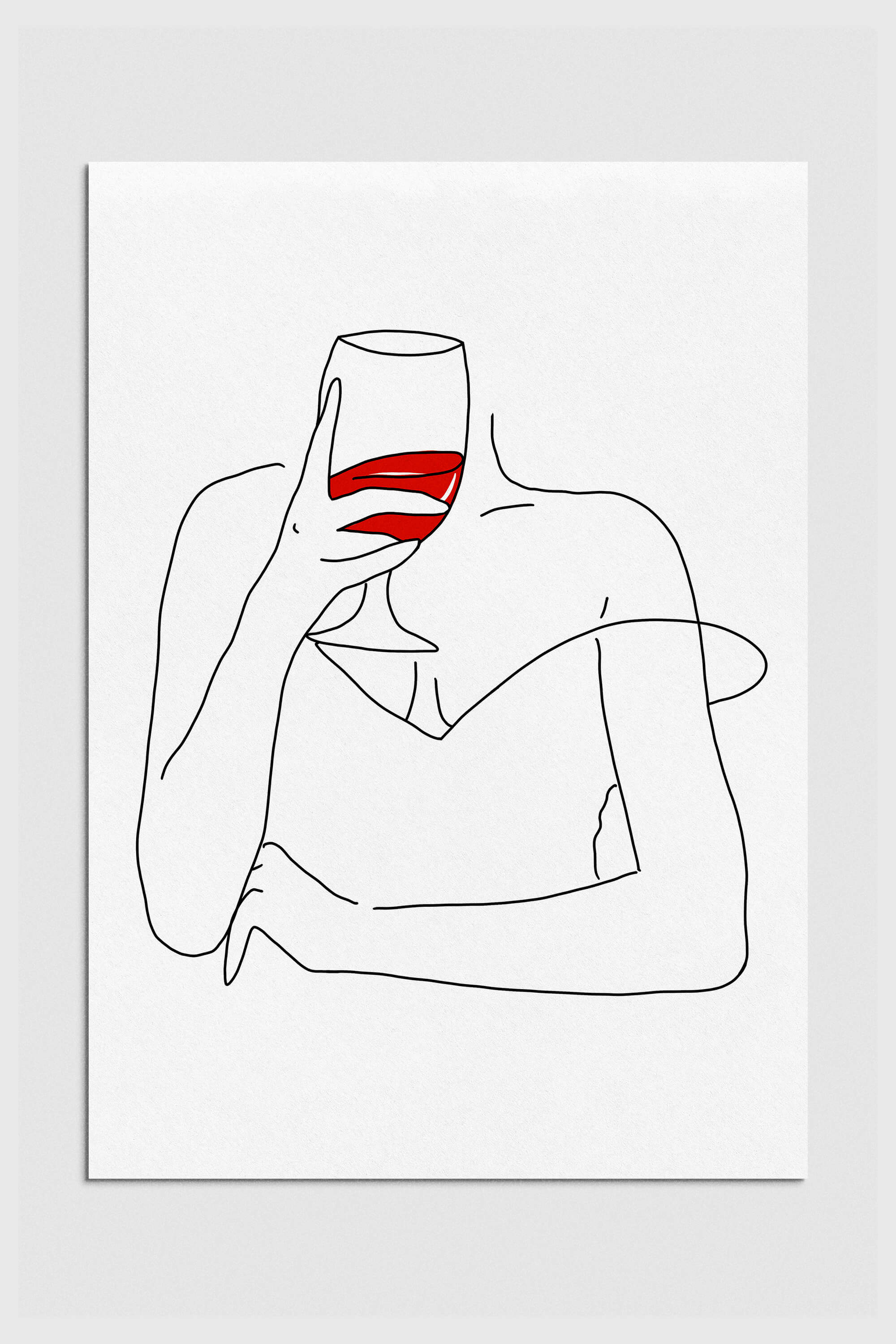 Minimalist line art of a woman's hands holding a wine glass, capturing the elegance of wine appreciation.