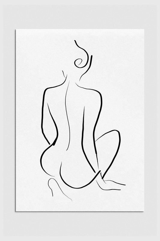 Sensual nude line art print for bedroom decor. Graceful lines capture the essence of womanhood, evoking charm and sophistication. Black and white palette enhances timeless elegance. 2000