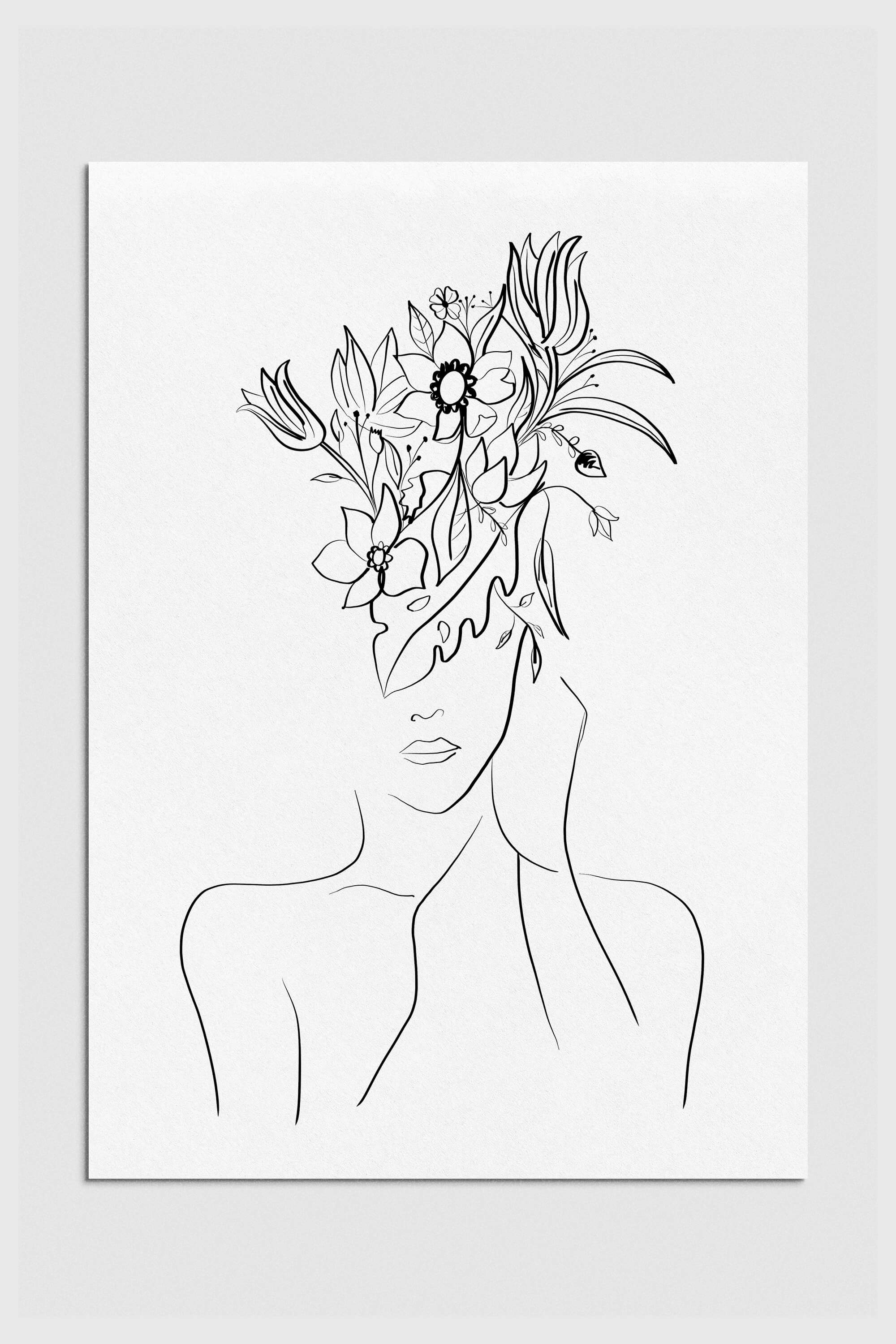 A black and white line drawing of a woman with a flower head. This elegant and feminine art print seamlessly blends contemporary chic with timeless floral beauty. Ideal for stylish wall decor.