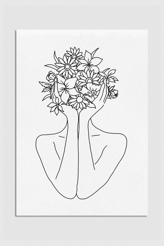 Abstract beauty captured in a black and white line art print of a woman with a flower head. The intricate lines evoke a sense of modern elegance and nature-inspired art. 2000