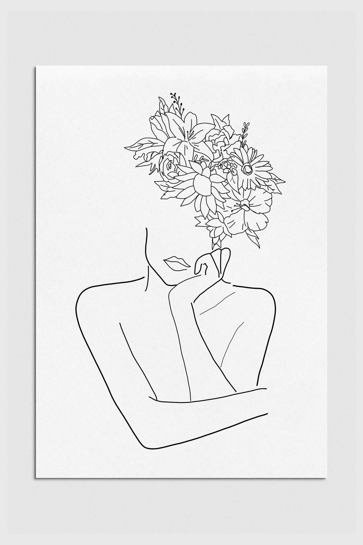 Monochrome line drawing of a woman with a flower head, highlighting intricate details and elegant contours. This thought-provoking art print embodies introspection and sophistication, perfect for contemporary art lovers.