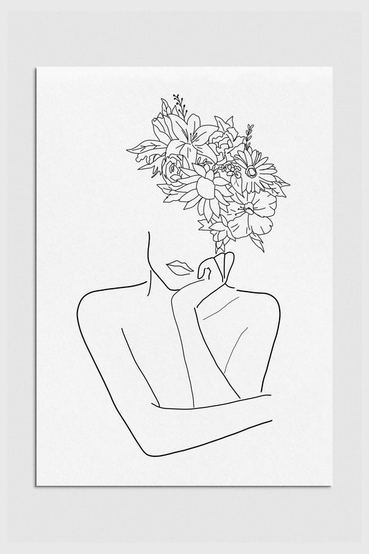 Monochrome line drawing of a woman with a flower head, highlighting intricate details and elegant contours. This thought-provoking art print embodies introspection and sophistication, perfect for contemporary art lovers. 2000