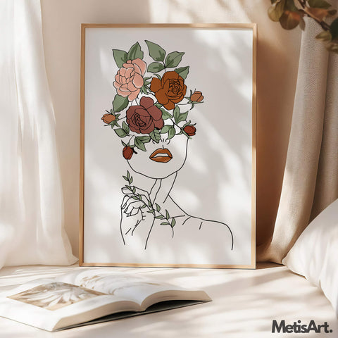 Close-up detail of the floral crown on the minimalist woman art print.
