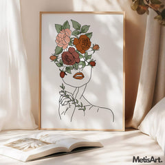 Close-up detail of the floral crown on the minimalist woman art print.