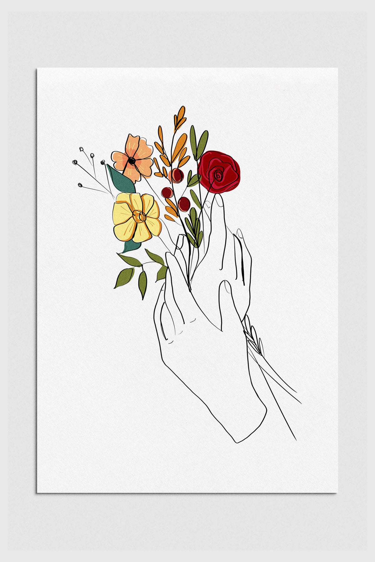 Line art print of a woman gracefully holding a bouquet of flowers, embodying elegance.