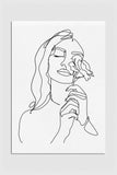 A black and white minimalist line art print featuring a woman gracefully holding a rose. Elegant simplicity and timeless beauty in this romantic and feminine piece.