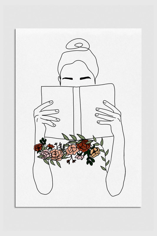 Woman Reading Book Line Art with Floral Details - Elegant Wall Decor Print 2000
