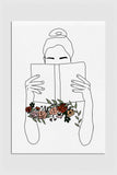 Woman Reading Book Line Art with Floral Details - Elegant Wall Decor Print