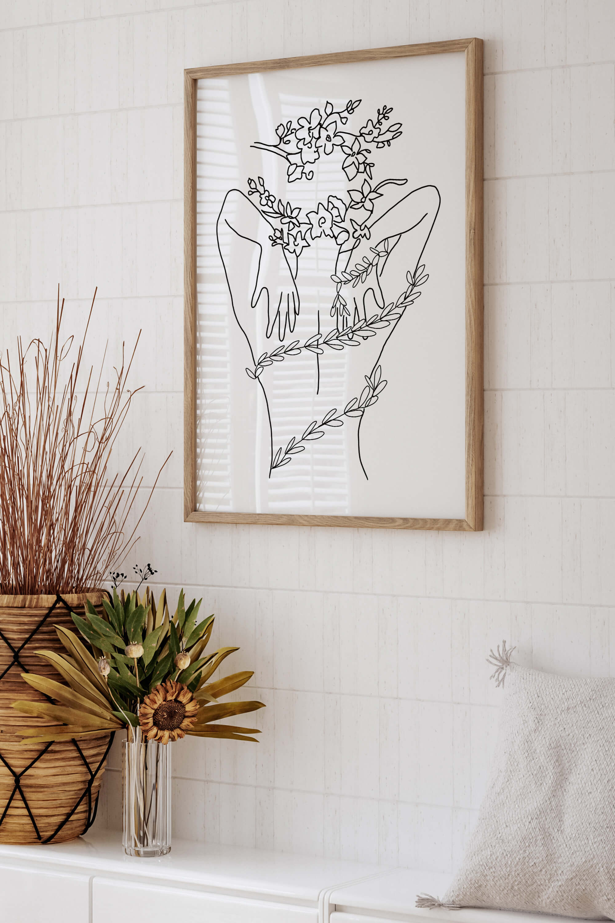 Woman with flower head-back wall poster, a limited edition symbol of monochrome elegance and individuality.